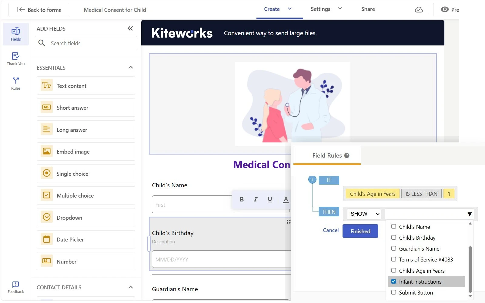 Medical consent form builder interface with pediatric healthcare illustration and conditional field rules
