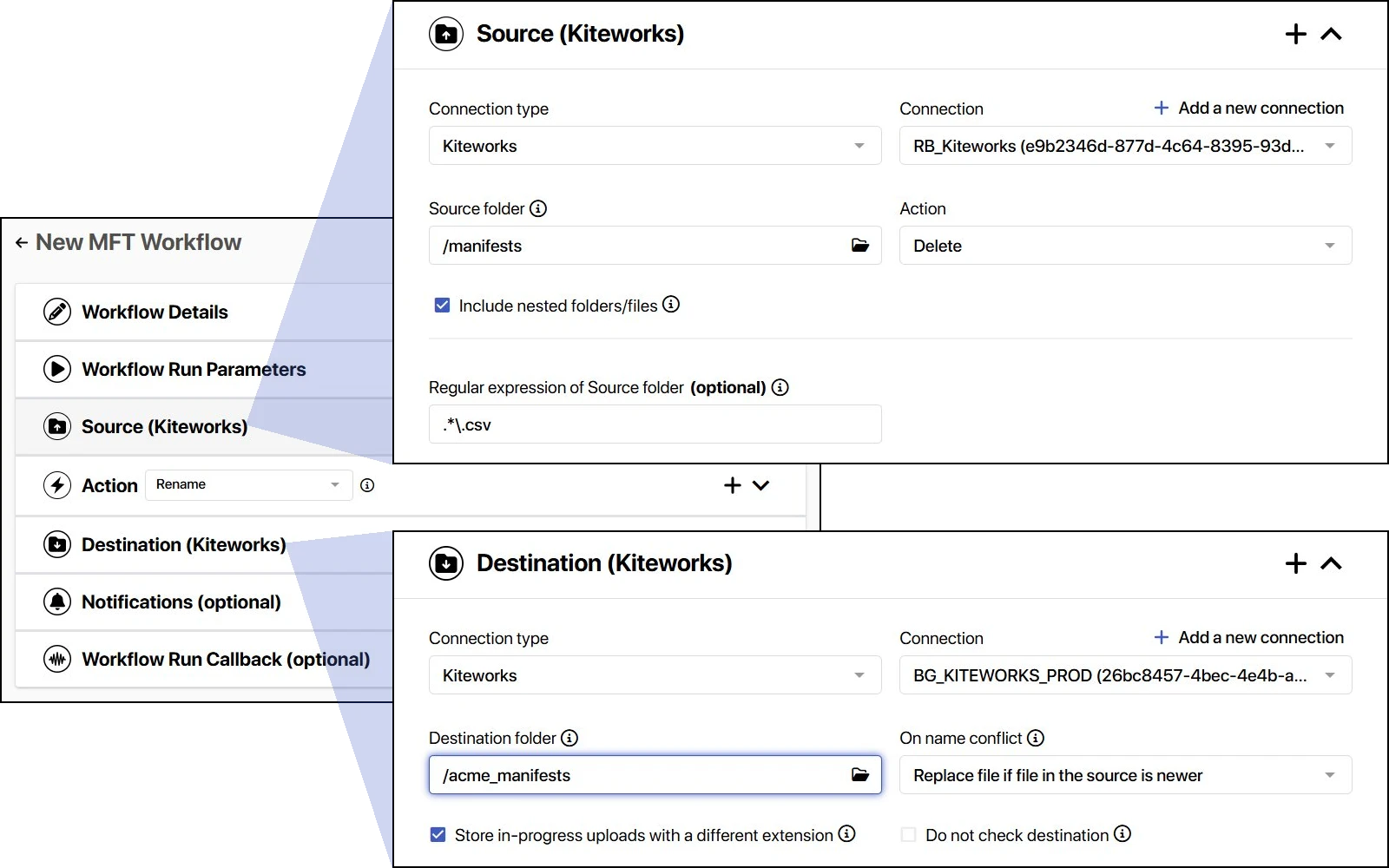 Kiteworks MFT workflow configuration screen showing automated file transfer setup with source and destination folders