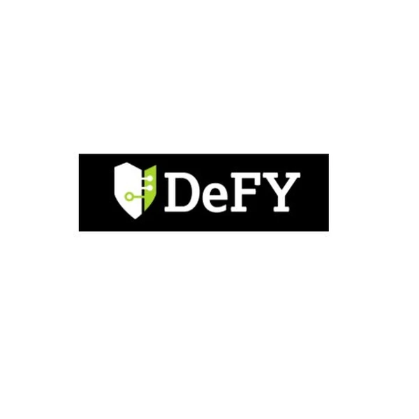 DeFY cybersecurity platform logo with shield and circuit design on black background