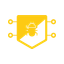 Yellow shield with bug icon and connection points representing security monitoring and vulnerability detection.