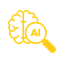 Brain icon with magnifying glass representing AI search, intelligent analysis, and smart content discovery