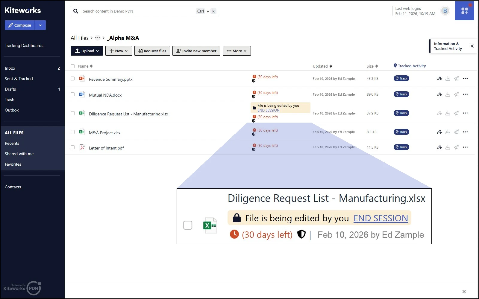 Enterprise file management system displaying tracked documents, active editing sessions, and compliance status indicators.