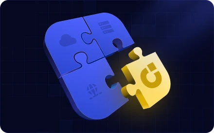 Blue puzzle pieces assembling with golden connector piece representing system integration and modular architecture.