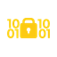 Yellow padlock icon with binary code representing data security and encrypted access control.