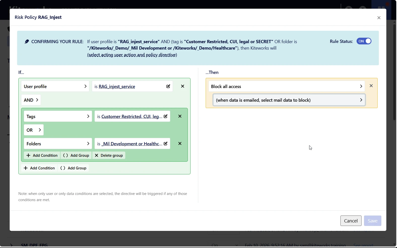 Risk policy rule configuration interface with conditional access controls and data protection directives.