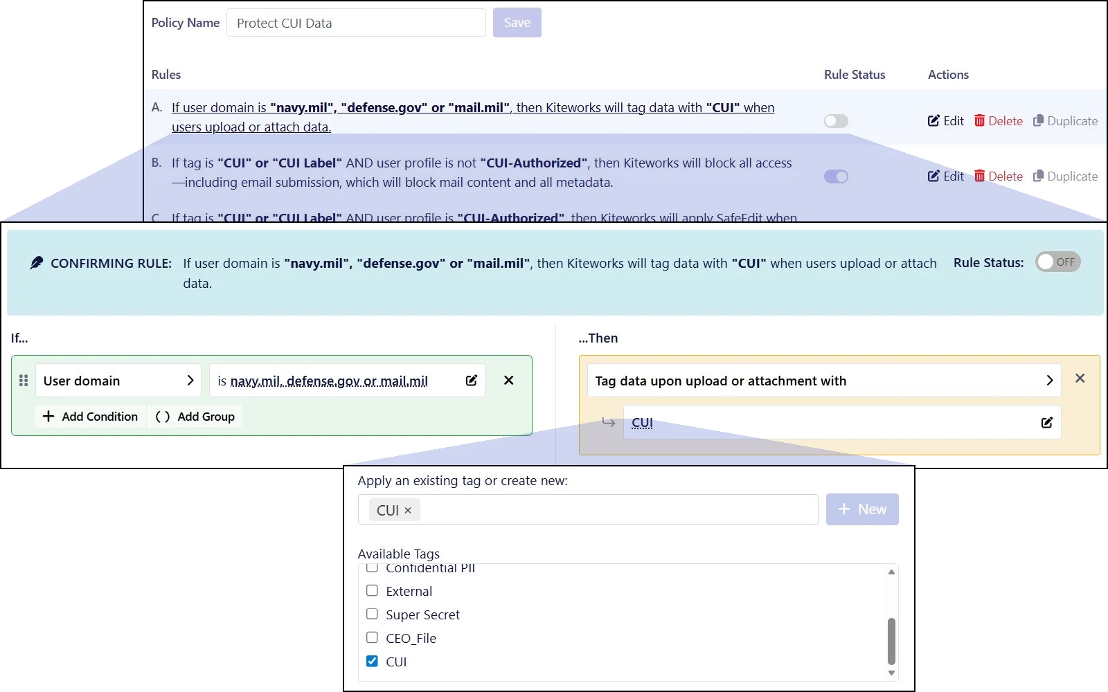 Data security policy interface showing CUI tagging rules for government and defense domain email attachments