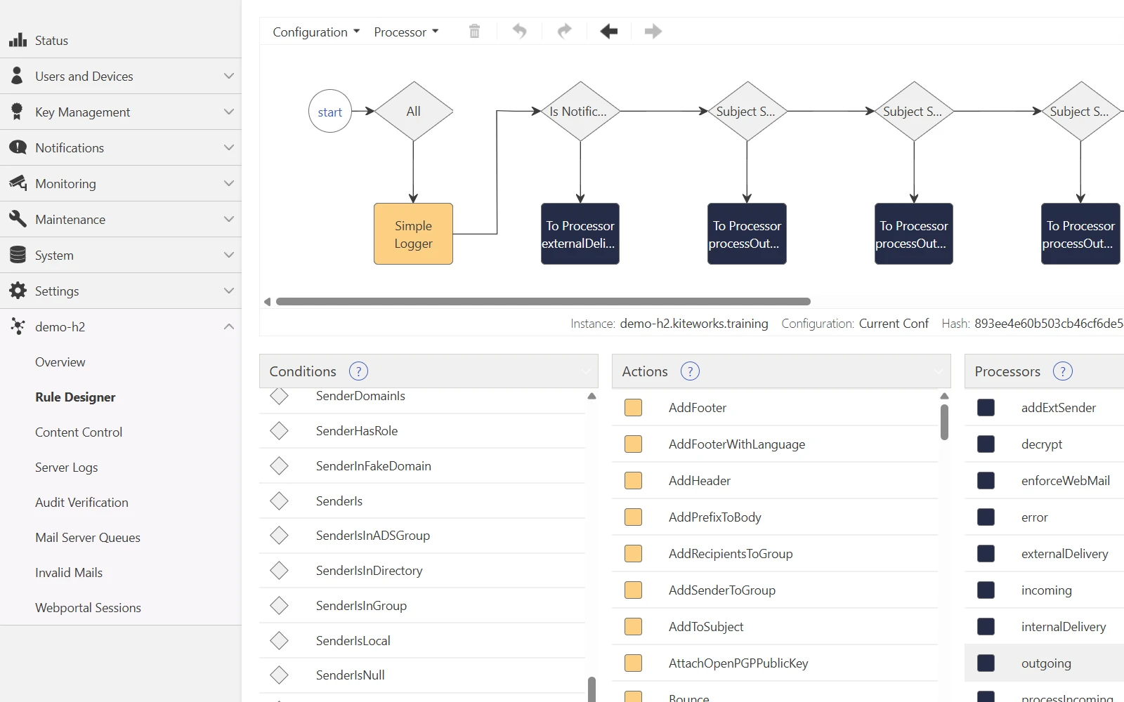 Workflow automation rule designer interface showing conditional routing and multi-processor email management system