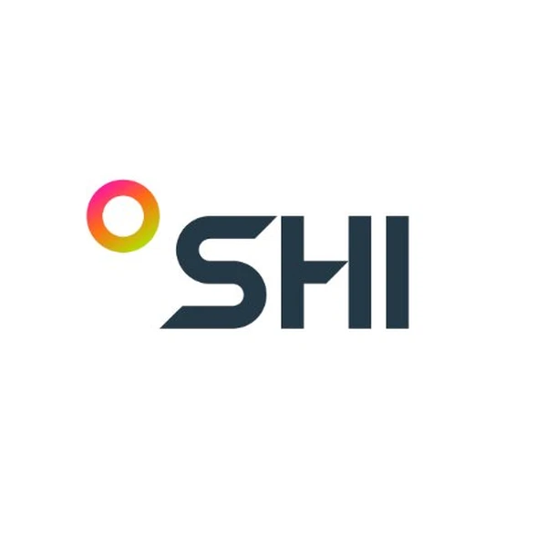 SHI brand logo with gradient circle icon and dark sans-serif typography